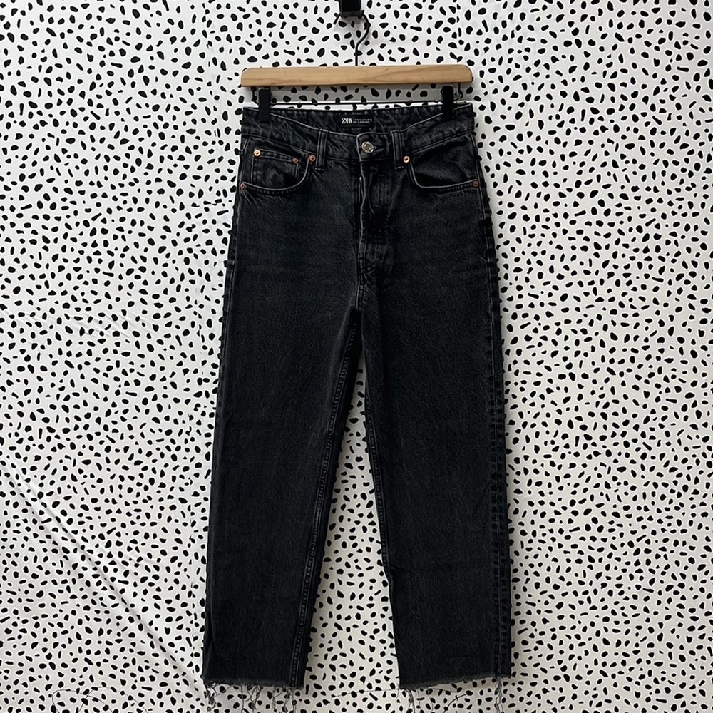 Zara Black Straight Leg Button Fly Jeans